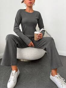 EURMUSE Women'S Ribbed Drop Shoulder T-Shirt And Pants 2pcs/Set - Dark Grey - View 5