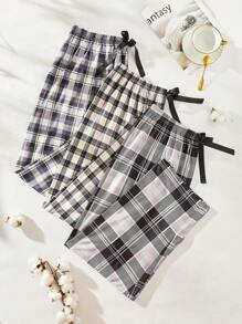 Plus 3pcs Plaid Print Bow Front Pajama Sleep Pants