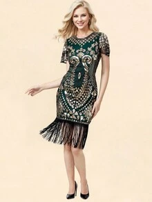 Sequin Decor Fringe Hem Dress - Dark Green - View 4