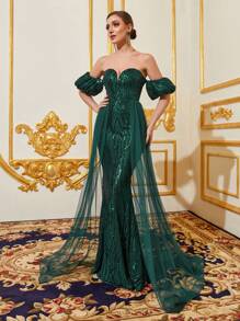 Off Shoulder Puff Sleeve Sequin Mermaid Formal Dress - Dark Green - View 3