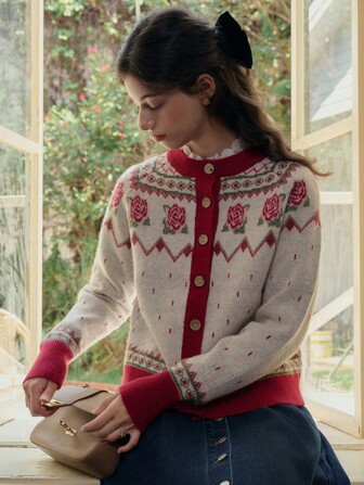 Simple Retro Geo & Floral Pattern Button Front Cardigan