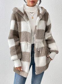 SHEIN LUNE 大方格圖案腰部抽繩連帽絨毛外套