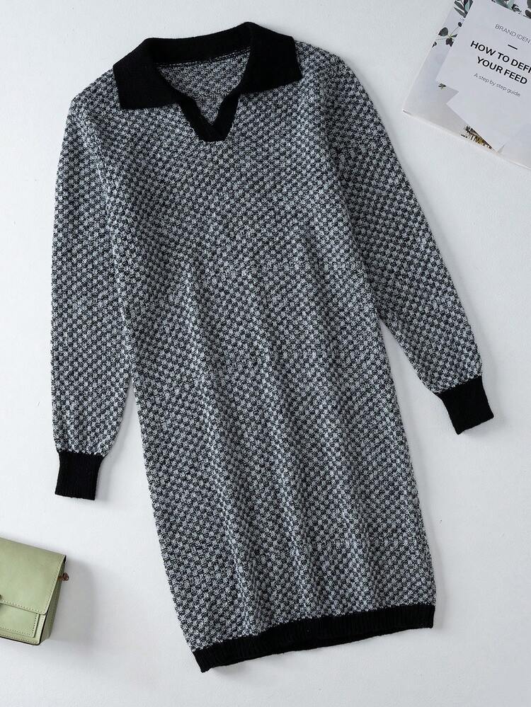Teen Girl Allover Pattern Contrast Trim Sweater Dress