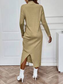 SHEIN Privé Mock Neck Drop Shoulder Sweater Dress Without Belt - Camel - View 2
