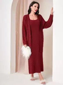 Modelyn 勃艮第红色纯色落肩开衫和修身毛衣连衣裙套装 - 酒紅色 - 查看 1