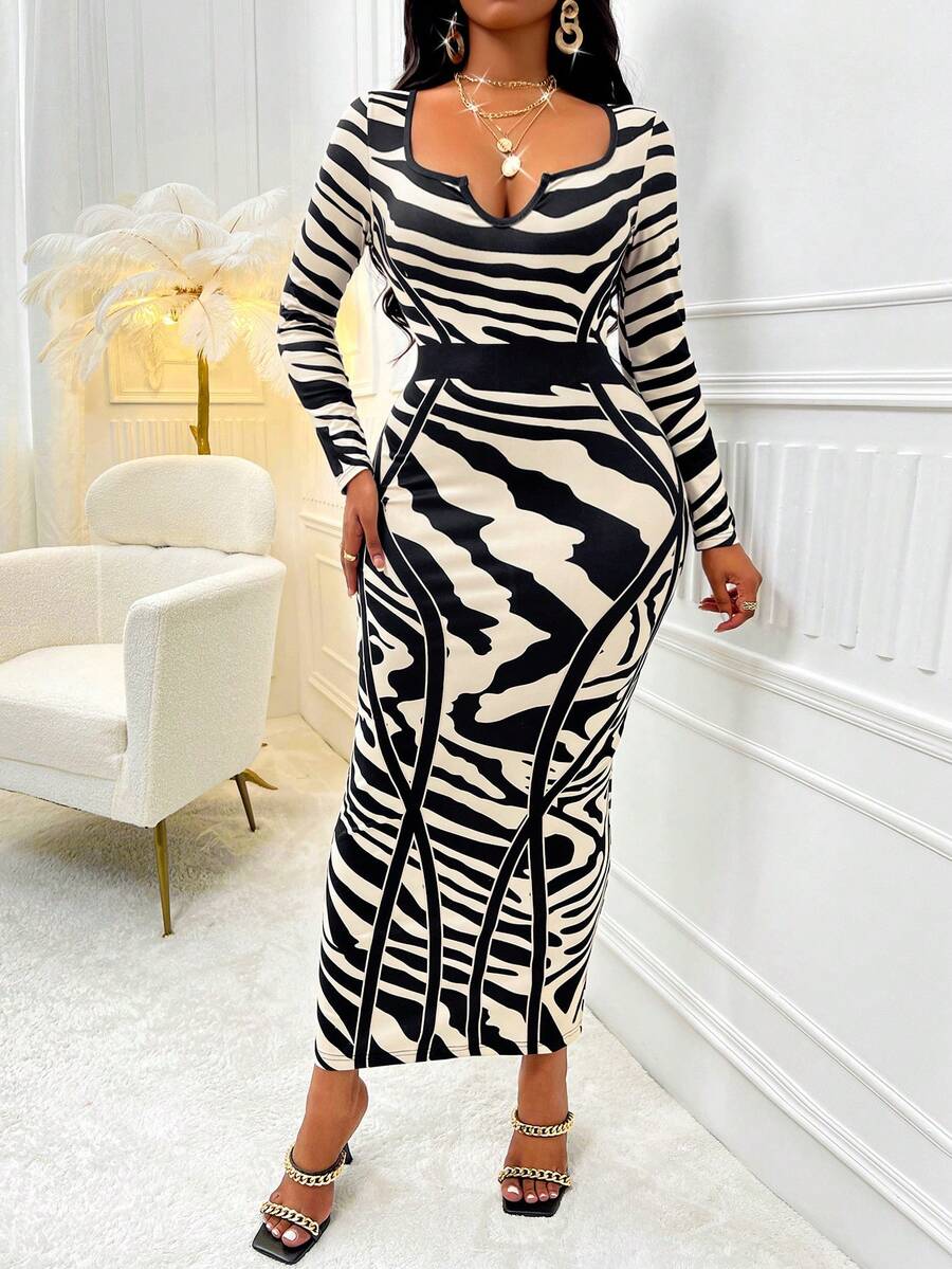 SHEIN Slayr Allover Print Notched Neckline Bodycon Dress - Black - View 1