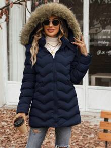 EMERY ROSE 毛绒装饰连帽拉链加厚棉服外套冬季 - 藏蓝色 - 查看 6