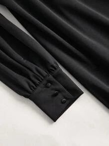 Vintamour Shawl Collar Puff Sleeve Wrap Hem Dress - Black - View 9