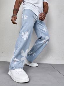 Manfinity Homme Nam Họa Tiết Chân Thẳng Quần Jean Baggy Dài Rửa Sạch Jean Hàng Hóa Đồ Họa Đồng Bằng Màu Xanh Đảng Ngộ nghĩnh Cặp Đôi Phù Hợp - Rửa trung bình - Xem 3