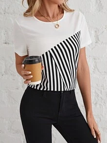 SHEIN LUNE 條紋拼接印花不對稱下擺T恤 - 白色 - 查看 5