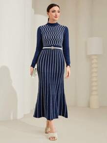 Modelyn Argyle Pattern Mock Neck Mermaid Hem Sweater Dress Without Belt Fall Cloth For Women - Blue and White - View 1