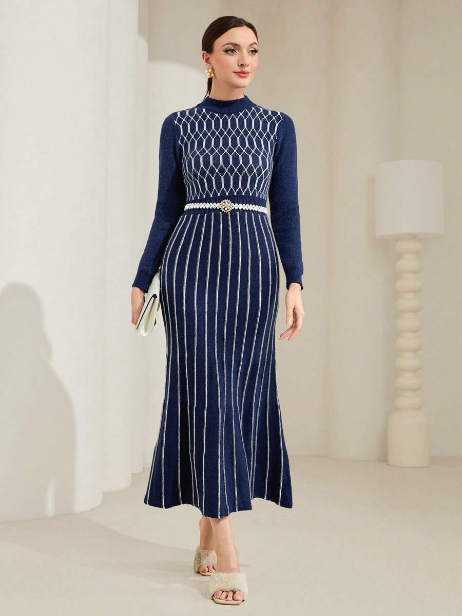 Modelyn Argyle Pattern Mock Neck Mermaid Hem Sweater Dress Without Belt Fall Cloth For Women - Blue and White - View 1
