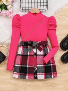SHEIN Cô gái Tween Cổ giả Tay áo Áo thun & In kẻ sọc Thắt lưng Váy - Màu Hồng Tươi - Xem 1