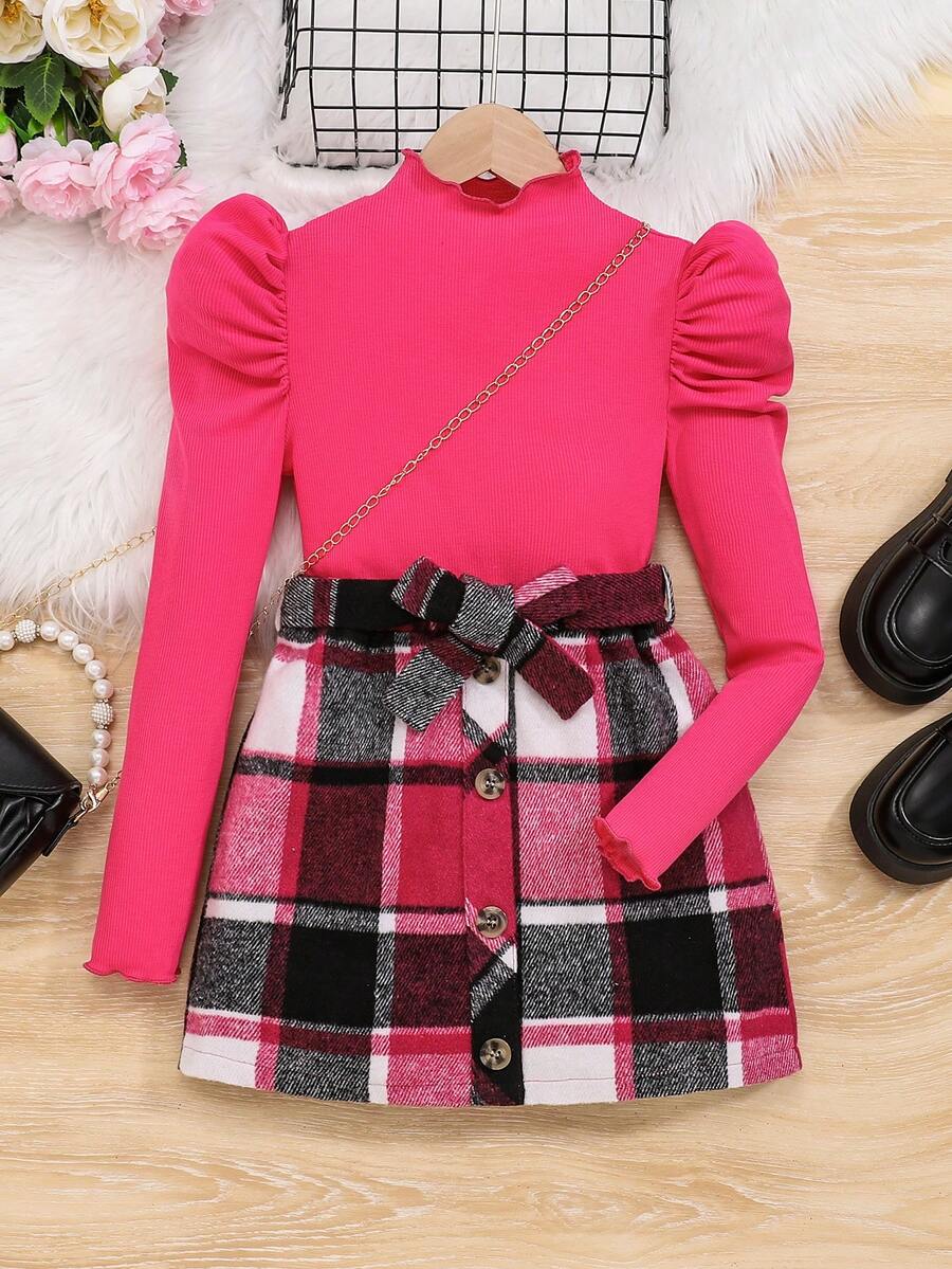 SHEIN Cô gái Tween Cổ giả Tay áo Áo thun & In kẻ sọc Thắt lưng Váy - Màu Hồng Tươi - Xem 1