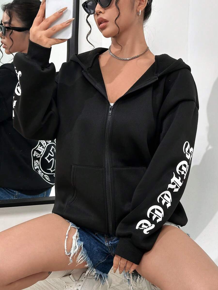SHEIN Unity Letter Graphic Zip Up Drop Shoulder Hoodie - Black - View 1