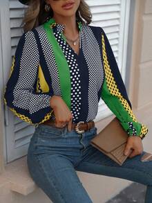 SHEIN Clasi In vết tròn Polka Đường viền cổ có rãnh Tay áo lồng đèn Áo sơ mi - màu xanh lá - Xem 4