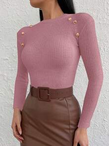 Button Detailed Ribbed Knit Sweater - Baby Pink - View 5