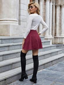 SHEIN Clasi Button Front Corduroy Flare Skirt - Burgundy - View 2