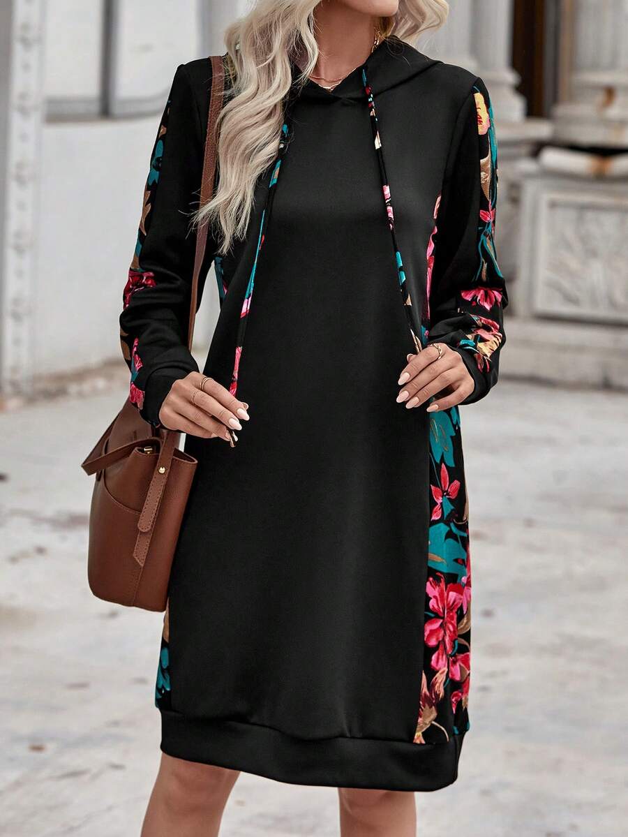 EMERY ROSE Tương phản In hoa Dây rút Đàm áo cánh có mũ - Nhiều màu - Xem 1
