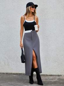 SHEIN Essnce Contrast Panel Waist Split Thigh Skirt - Grey - View 5