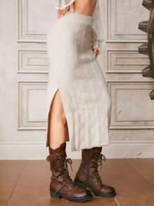 ROMWE PUNK Split Thigh Sweater Skirt - Apricot - View 1