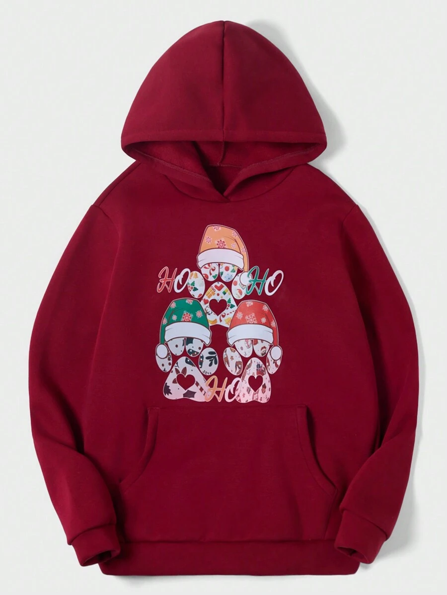 RueChic Hombres Capucha térmica con estampado de letra y dibujos animados con bolsillo de canguro - Rojo - Ver 1