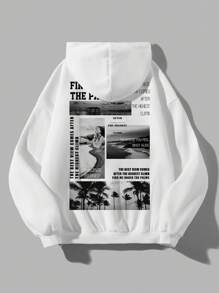 SHEIN EZwear European And American Style Abstract Printed Hooded Women's Long Sleeve Sweatshirt - White - View 1