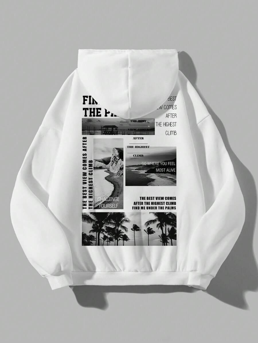 SHEIN EZwear European And American Style Abstract Printed Hooded Women's Long Sleeve Sweatshirt - White - View 1