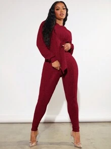 SHEIN SXY Chất rắn Thả vai Hoodie & Leggings - Màu Đỏ Sâu - Xem 6