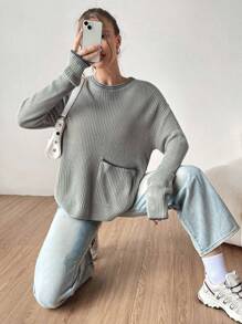 SHEIN EZwear Suéter De Punto Acanalado Con Cuello Redondo Para Mujer Con Diseño De Bolsillo Y Hombros Caídos
