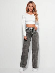 SHEIN Cottnline Zipper Fly Straight Leg Jeans - Dark Grey - View 5