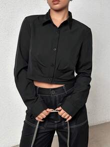 SHEIN Unity Camisa unicolor fruncido con botón delantero crop - Negro - Ver 3