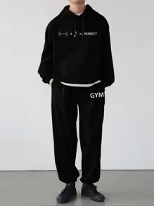 Manfinity Homme Men Letter Graphic Kangaroo Pocket Drawstring Hoodie & Sweatpants - Black - View 1