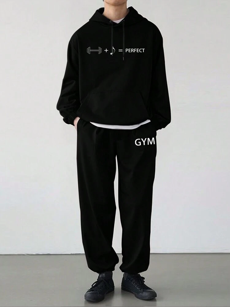 Men Letter Graphic Kangaroo Pocket Drawstring Hoodie & Sweatpants