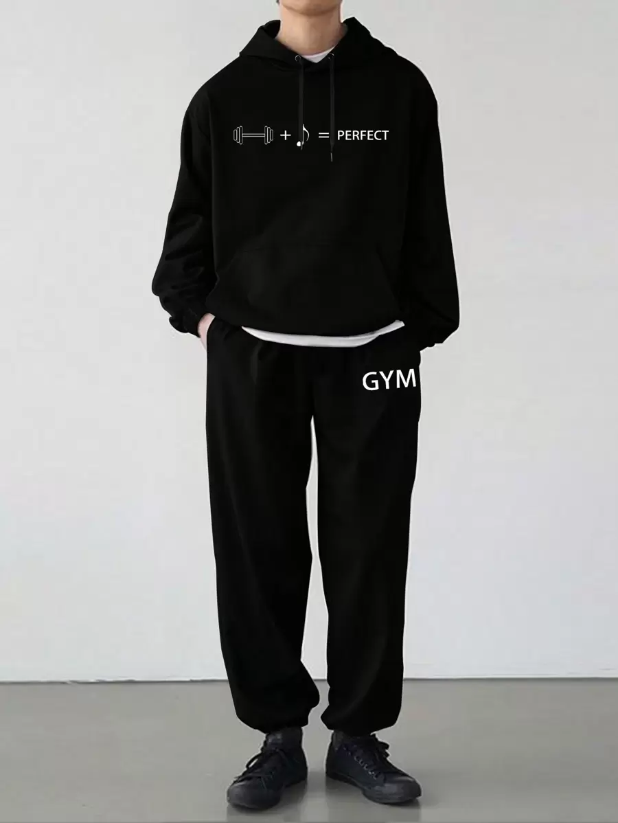 Manfinity Homme Men Letter Graphic Kangaroo Pocket Drawstring Hoodie & Sweatpants - Black - View 1
