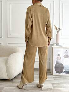 EURMUSE Top de tirantes unicolor & Pantalones bajo con abertura & Abrigo - Beis - Ver 2