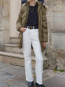 EURMUSE Ladies' Padded Coat With Frayed Collar - Army Green - View 6