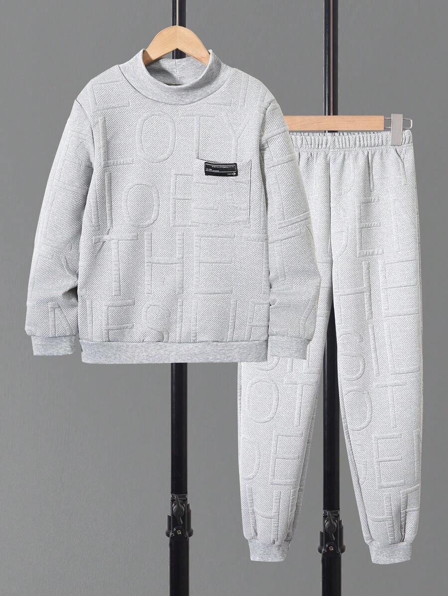 SHEIN Tween Boy Patched Detail Letter Embossed Mock-neck Sweatshirt & Sweatpants - Grey - View 1