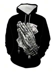 Men Plus Hand Print Drawstring Hoodie - Black - View 1