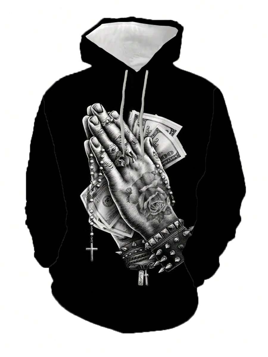 Men Plus Hand Print Drawstring Hoodie - Black - View 1