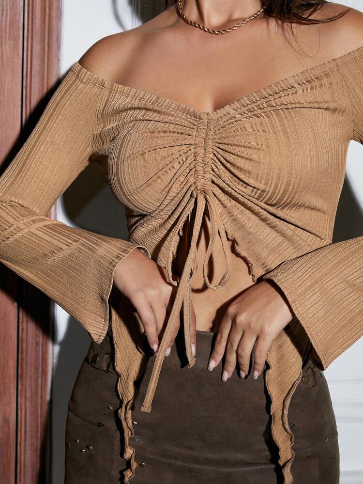 Off Shoulder Drawstring Front Lettuce Trim Asymmetrical Hem Crop Top