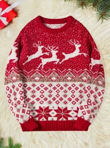 RueChic Men Christmas Elk & Geo Pattern Sweater - Red - View 1
