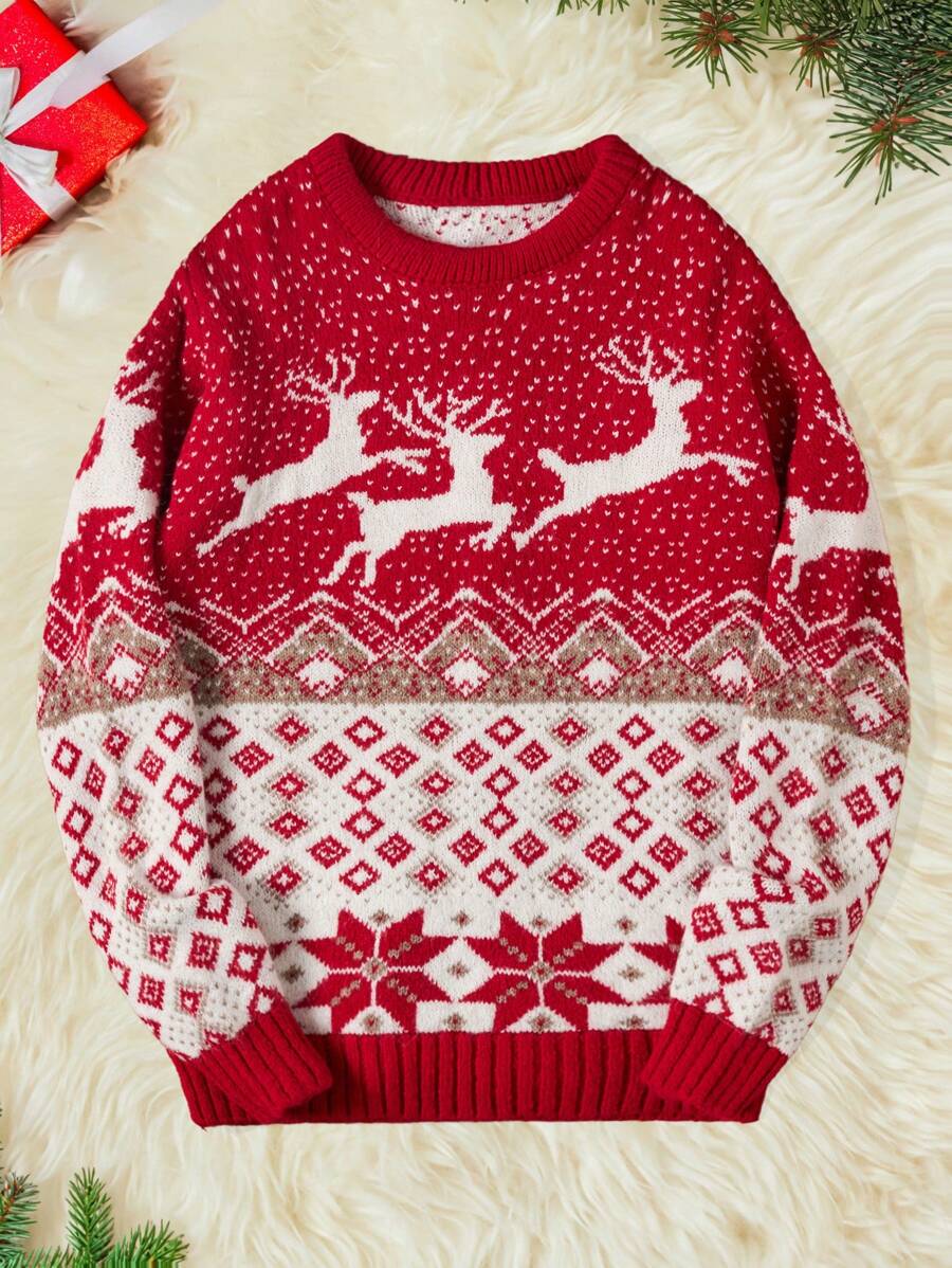 RueChic Men Christmas Elk & Geo Pattern Sweater - Red - View 1