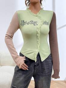 SHEIN EZwear Của phụ nữ Lá thư Mô hình Áo len Với Frayed Hem Và Màu sắc va chạm Thiết kế - Nhiều màu - Xem 4