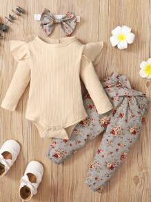 女嬰荷葉邊連身背心&印花腰帶長褲＆ 頭巾