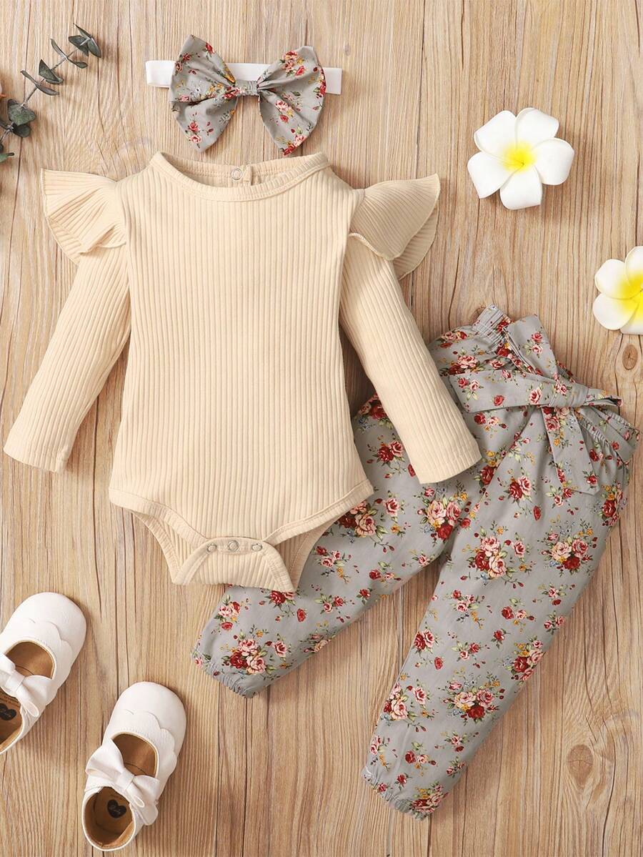 女嬰荷葉邊連身背心&印花腰帶長褲＆ 頭巾