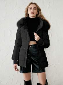 Anewsta 毛绒装饰连帽夹棉大衣