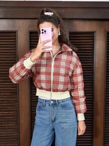 SHEIN EZwear Plaid Print Zip Up Crop Padded Coat
