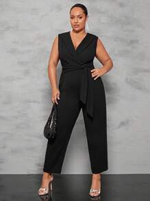 SHEIN BAE Plus Shawl Collar Belted Jumpsuit - Black - View 1
