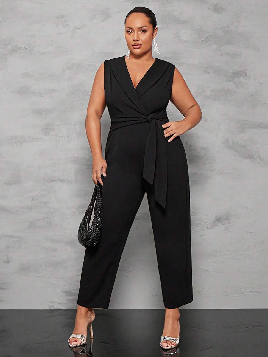 SHEIN BAE Plus Shawl Collar Belted Jumpsuit - Black - View 1
